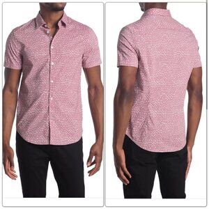 John Varvatos Star USA All Over Print Short Sleeve Button Up Shirt Pink White L